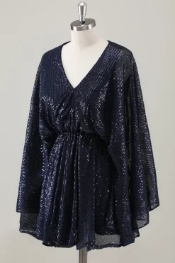 Sparkly Navy curto A-Line Holiday Party Dress com mangas compridas