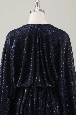 Sparkly Navy curto A-Line Holiday Party Dress com mangas compridas