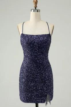 Sparkly Navy Sequins Tight Short Homecoming Dress com franjas