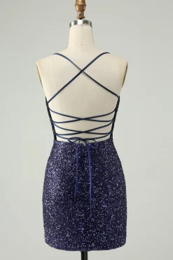 Sparkly Navy Sequins Tight Short Homecoming Dress com franjas