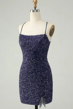 Sparkly Navy Sequins Tight Short Homecoming Dress com franjas