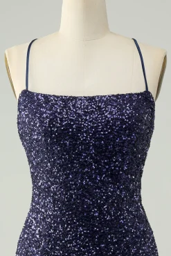 Sparkly Navy Sequins Tight Short Homecoming Dress com franjas