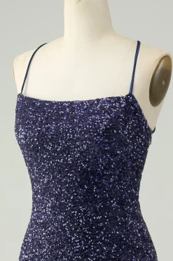 Sparkly Navy Sequins Tight Short Homecoming Dress com franjas