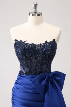 Sparkly Navy Strapless Beaded Appliques Tight Homecoming Dress