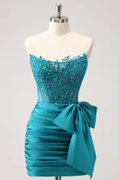 Sparkly Navy Strapless Beaded Appliques Tight Homecoming Dress