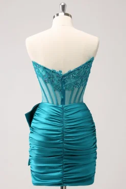 Sparkly Navy Strapless Beaded Appliques Tight Homecoming Dress