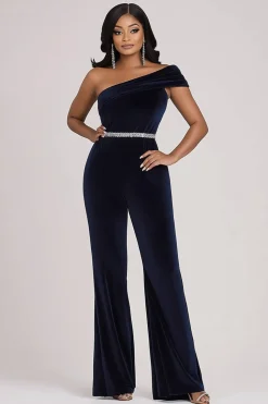 Sparkly Navy Um Ombro Bodycon Velvet Beaded Prom Jumpsuit