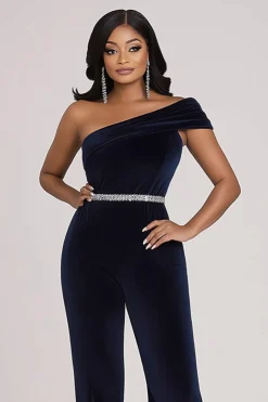 Sparkly Navy Um Ombro Bodycon Velvet Beaded Prom Jumpsuit