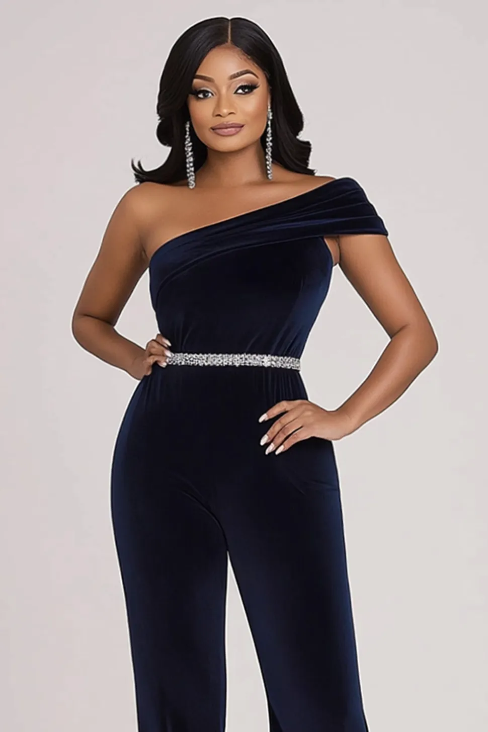 Sparkly Navy Um Ombro Bodycon Velvet Beaded Prom Jumpsuit