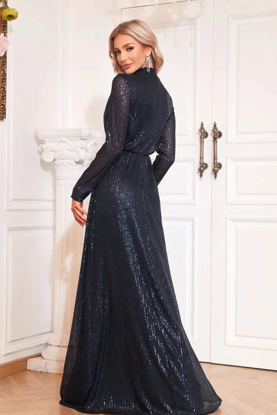 Sparkly Navy Uma Linha Mãe de Vestido de Noiva com Mangas Longas