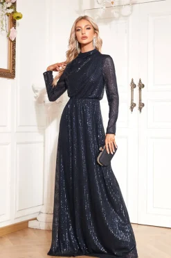 Sparkly Navy Uma Linha Mãe de Vestido de Noiva com Mangas Longas