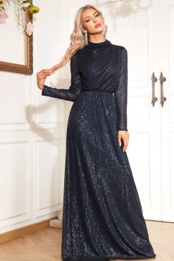 Sparkly Navy Uma Linha Mãe de Vestido de Noiva com Mangas Longas
