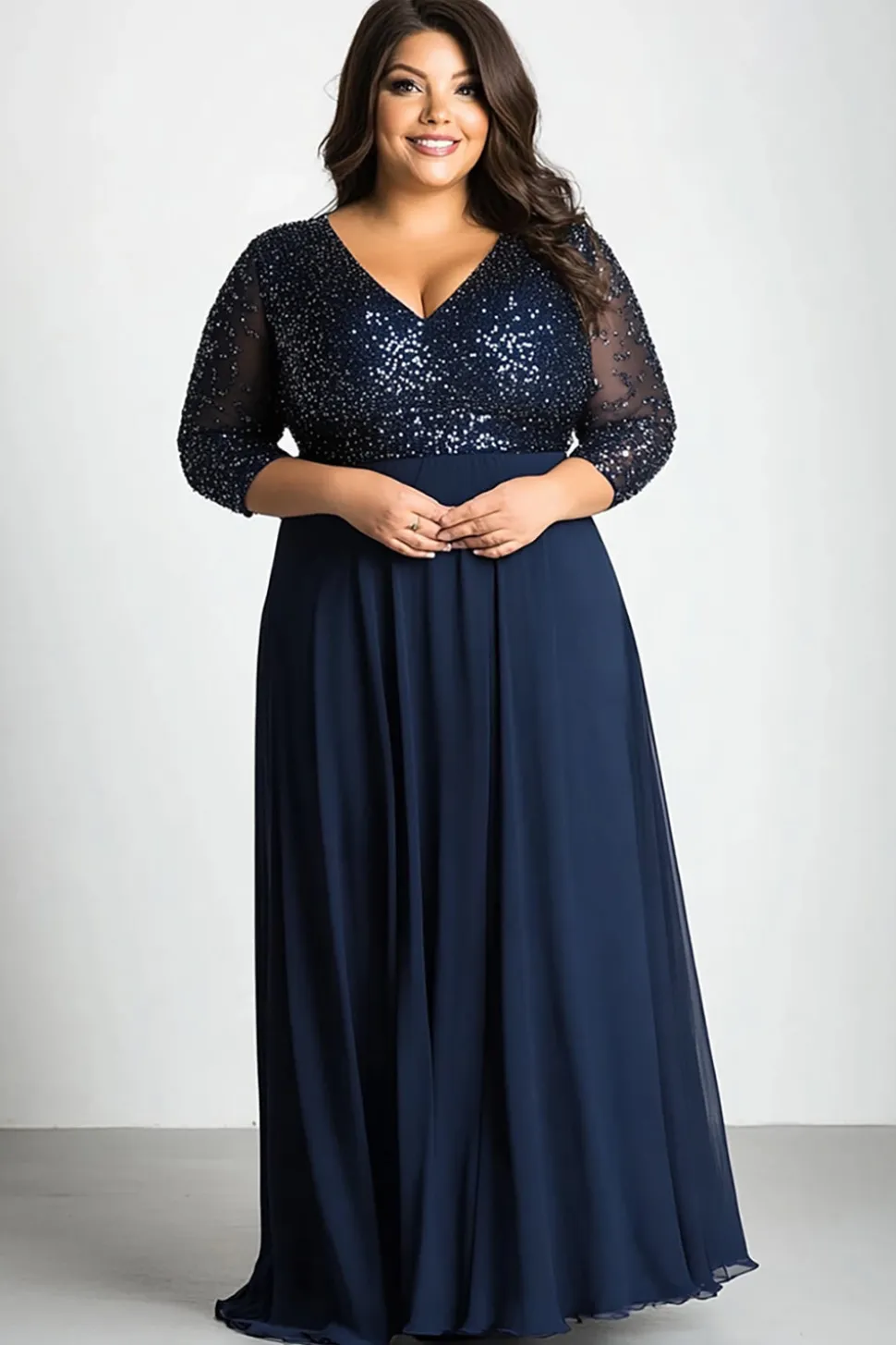 Sparkly Navy V Pescoço Manga Longa Plus Size Mãe do Vestido da Noiva com Lantejoulas