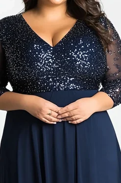 Sparkly Navy V Pescoço Manga Longa Plus Size Mãe do Vestido da Noiva com Lantejoulas
