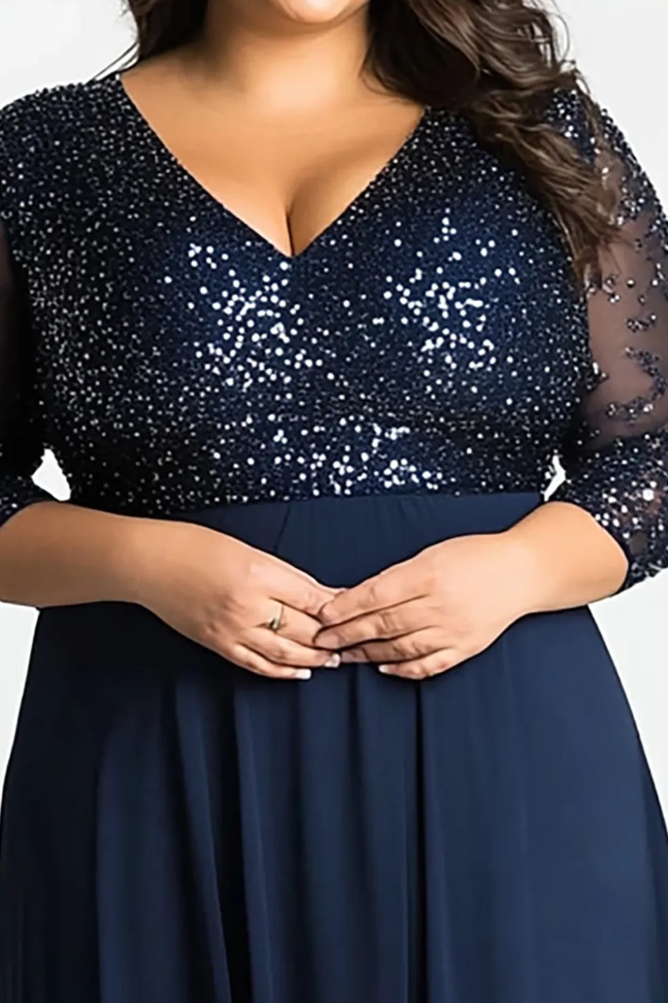 Sparkly Navy V Pescoço Manga Longa Plus Size Mãe do Vestido da Noiva com Lantejoulas
