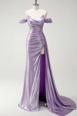 Sparkly Off The Shoulder Lilás Ruched Side Cape Prom Dress with Slit