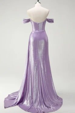 Sparkly Off The Shoulder Lilás Ruched Side Cape Prom Dress with Slit