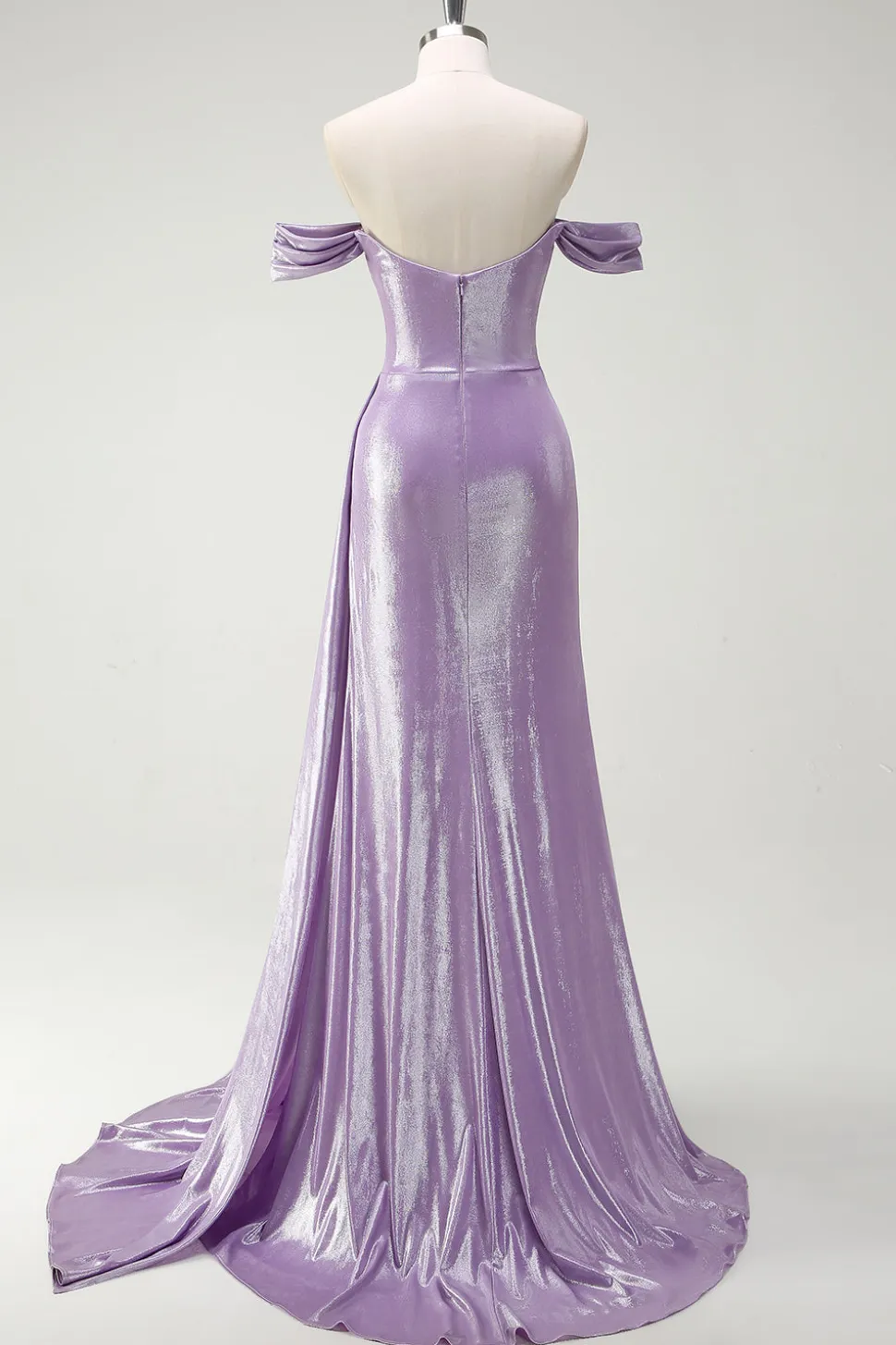 Sparkly Off The Shoulder Lilás Ruched Side Cape Prom Dress with Slit