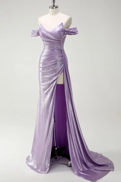 Sparkly Off The Shoulder Lilás Ruched Side Cape Prom Dress with Slit