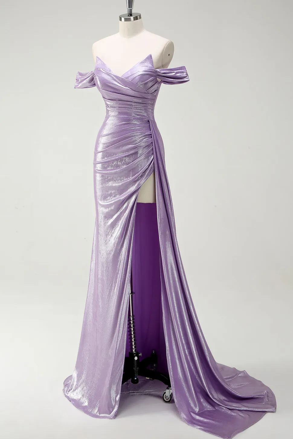 Sparkly Off The Shoulder Lilás Ruched Side Cape Prom Dress with Slit
