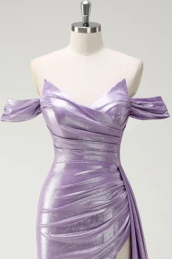 Sparkly Off The Shoulder Lilás Ruched Side Cape Prom Dress with Slit