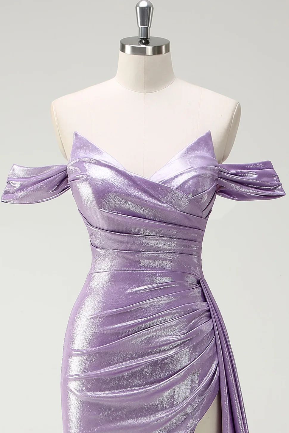 Sparkly Off The Shoulder Lilás Ruched Side Cape Prom Dress with Slit