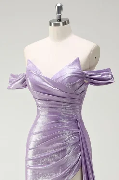 Sparkly Off The Shoulder Lilás Ruched Side Cape Prom Dress with Slit