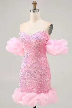 Sparkly Off The Shoulder Pink Sequins Vestido Apertado Homecoming
