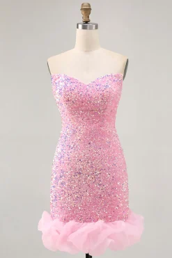 Sparkly Off The Shoulder Pink Sequins Vestido Apertado Homecoming