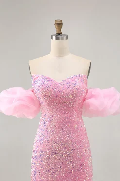 Sparkly Off The Shoulder Pink Sequins Vestido Apertado Homecoming