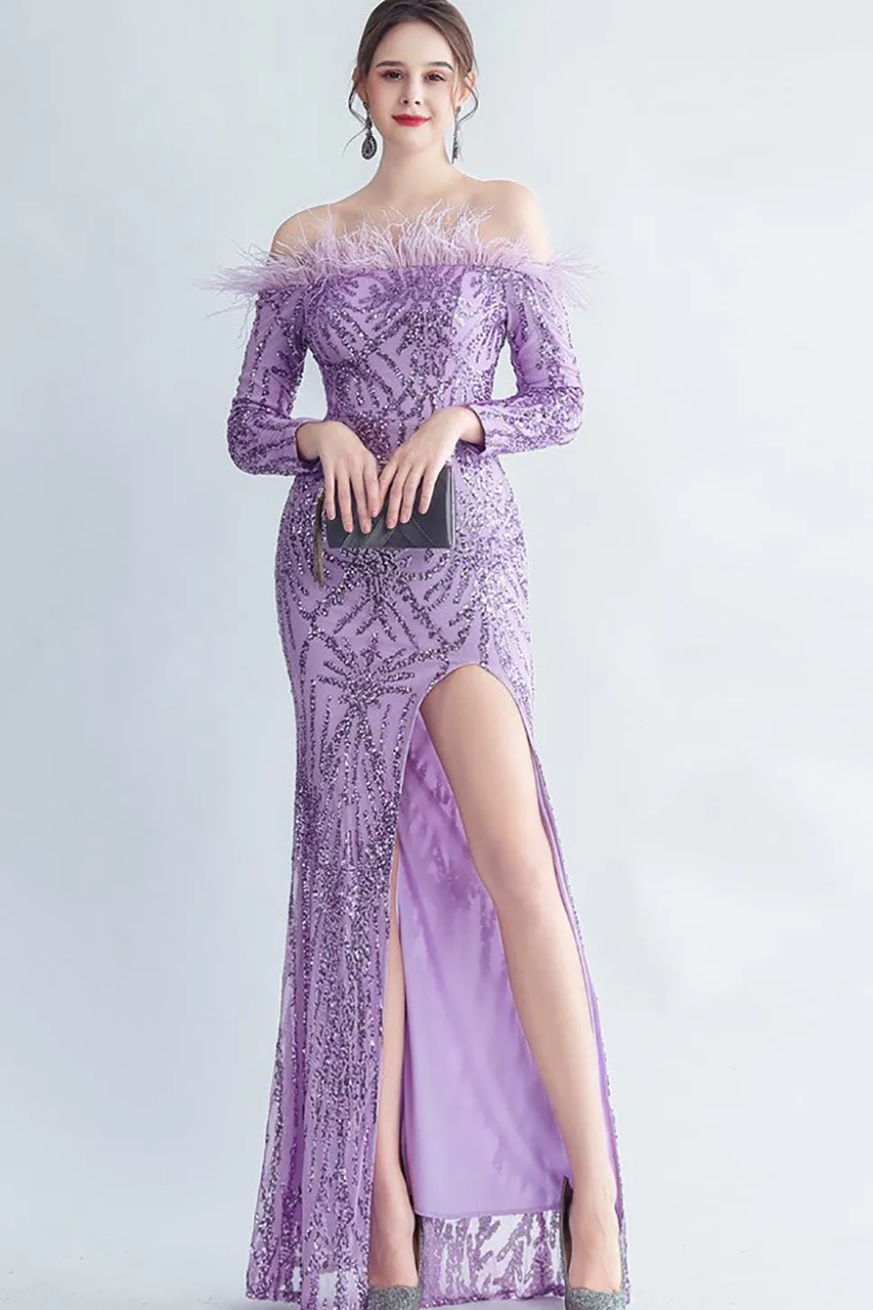 Sparkly Off The Shoulder Sequins Vestido de baile de formatura dourado com penas