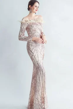 Sparkly Off The Shoulder Sequins Vestido de baile de formatura dourado com penas