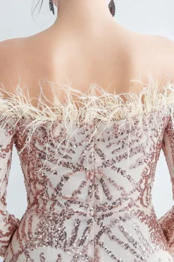 Sparkly Off The Shoulder Sequins Vestido de baile de formatura dourado com penas