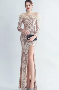Sparkly Off The Shoulder Sequins Vestido de baile de formatura dourado com penas