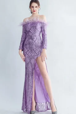 Sparkly Off The Shoulder Sequins Vestido de baile de formatura dourado com penas