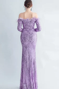 Sparkly Off The Shoulder Sequins Vestido de baile de formatura dourado com penas