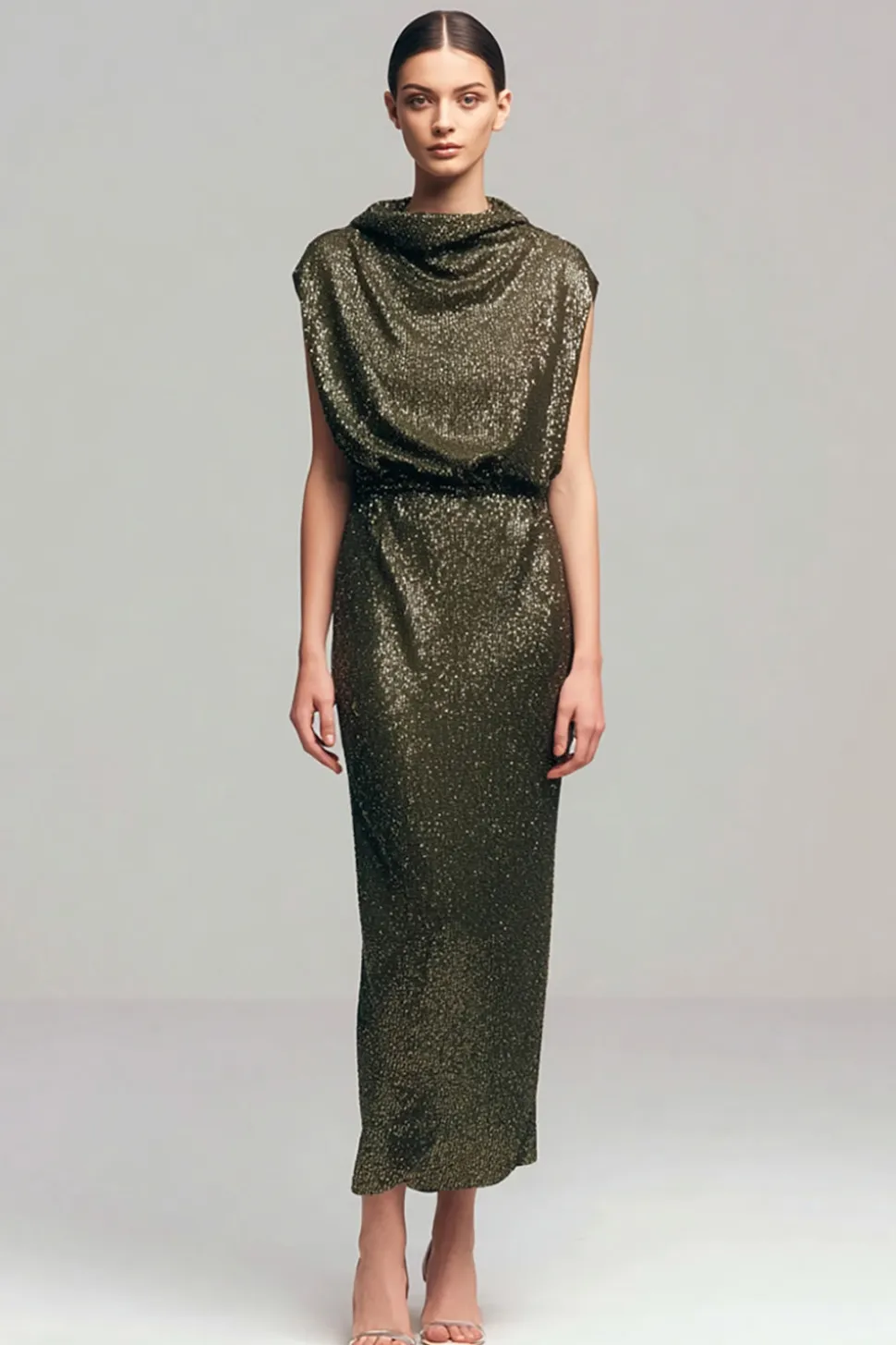 Sparkly Olive Bodycon Ruched vestido formal longo com lantejoulas