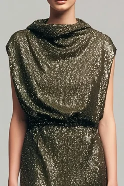 Sparkly Olive Bodycon Ruched vestido formal longo com lantejoulas