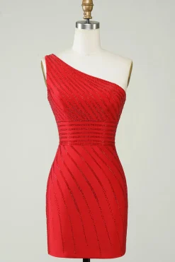 Sparkly One Shoulder Vestido Curto Homecoming Vermelho com Missangas
