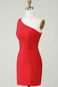 Sparkly One Shoulder Vestido Curto Homecoming Vermelho com Missangas