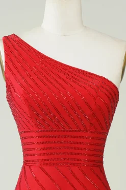Sparkly One Shoulder Vestido Curto Homecoming Vermelho com Missangas