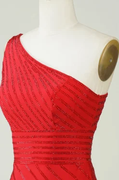 Sparkly One Shoulder Vestido Curto Homecoming Vermelho com Missangas