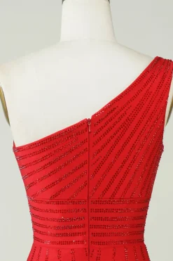 Sparkly One Shoulder Vestido Curto Homecoming Vermelho com Missangas