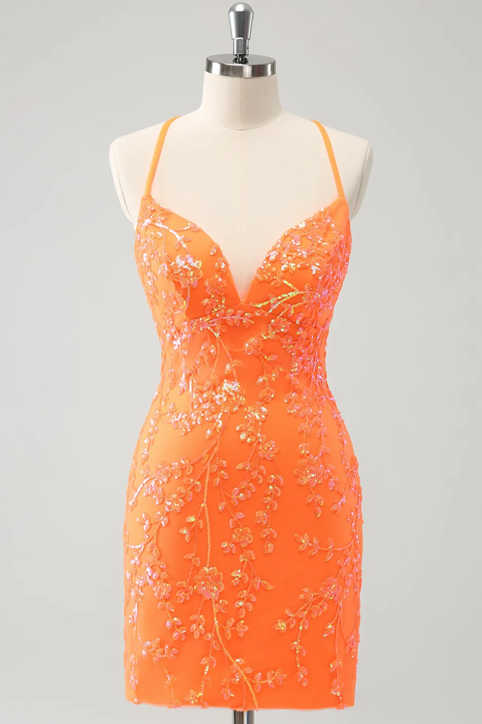 Sparkly Orange Lace-Up Back Tight Short Homecoming Dress com lantejoulas