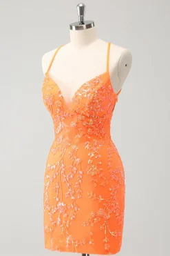 Sparkly Orange Lace-Up Back Tight Short Homecoming Dress com lantejoulas