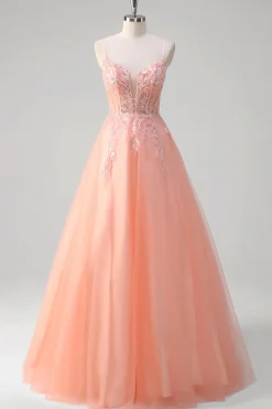 Sparkly Peach A-Line Corset Floral Tulle Long Prom Dress com frisos