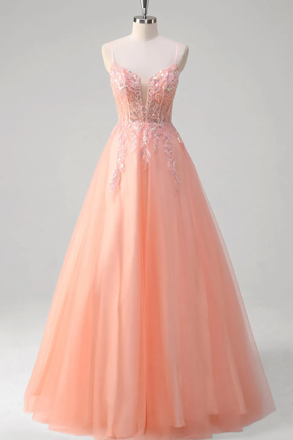 Sparkly Peach A-Line Corset Floral Tulle Long Prom Dress com frisos