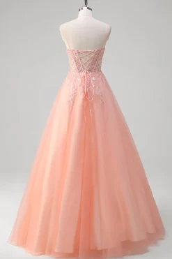 Sparkly Peach A-Line Corset Floral Tulle Long Prom Dress com frisos