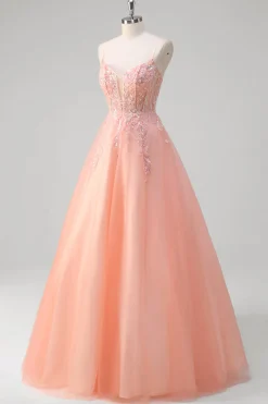 Sparkly Peach A-Line Corset Floral Tulle Long Prom Dress com frisos