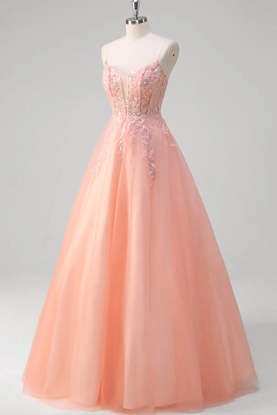 Sparkly Peach A-Line Corset Floral Tulle Long Prom Dress com frisos